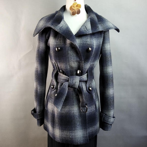 MISS SIXTY Wmns XS Wool Blend Blue Plaid Double Breast Jacket Coat ClassicCore - Picture 2 of 15